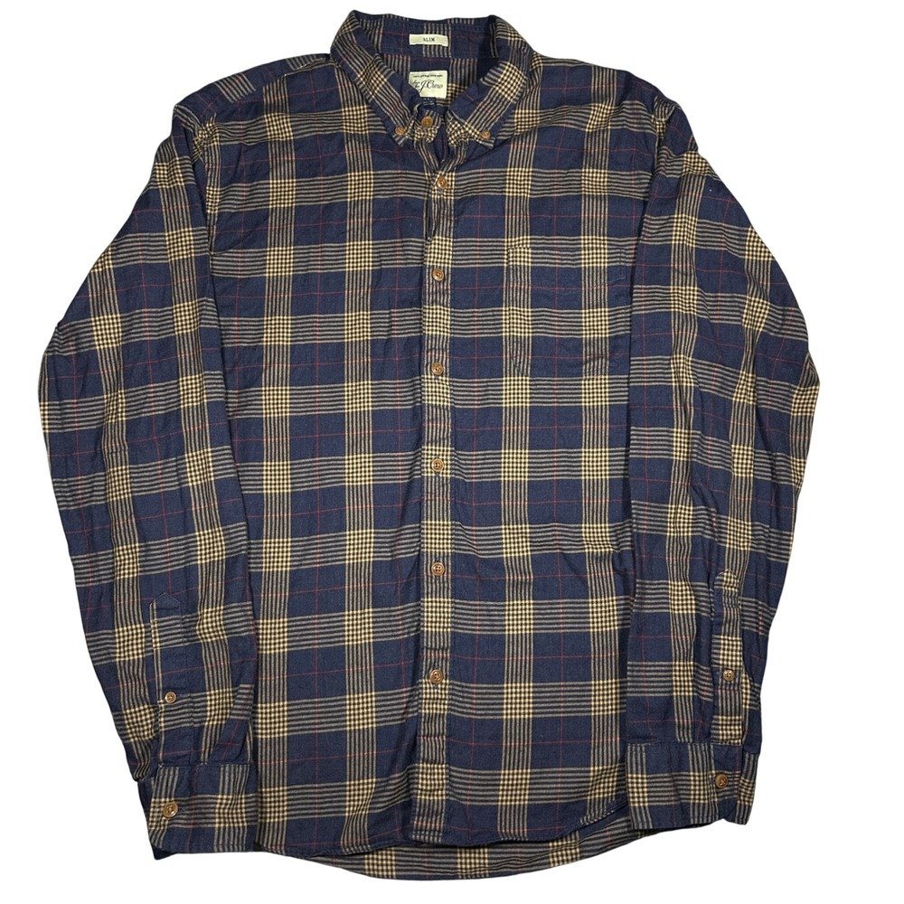 Button Down Shirt J.Crew Mens XL Navy Blue‎ Plaid Slim Fit Cotton Excellent